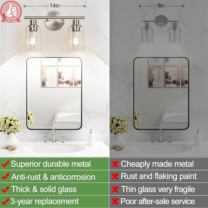 2-Light Bathroom Light Fixtures, Brushed Nickel Vanity Light, Modern Vanity - Image 3