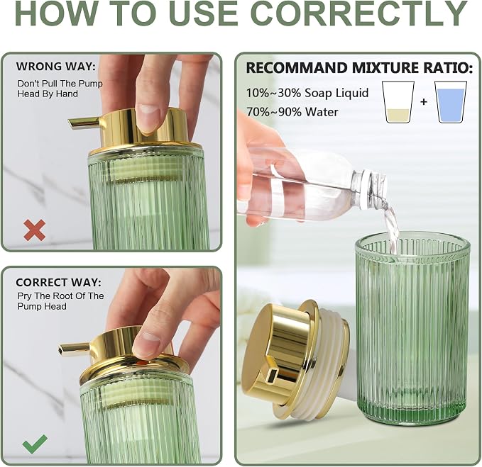Green Glass Foaming Soap Dispenser, Ribbed Foam Hand Soap Dispenser - Image 6
