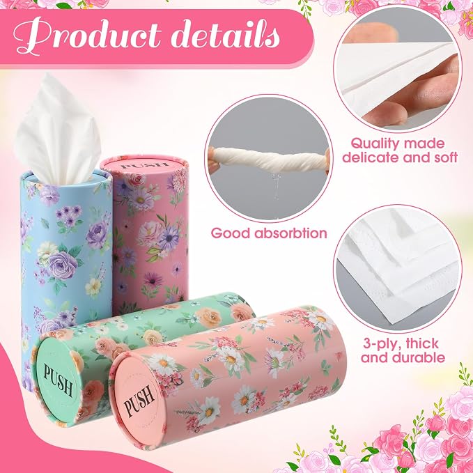 Outus 12 Pcs Spring Floral Car Tissues Cylinder Holder Flowers Round Tissue Box - Image 3