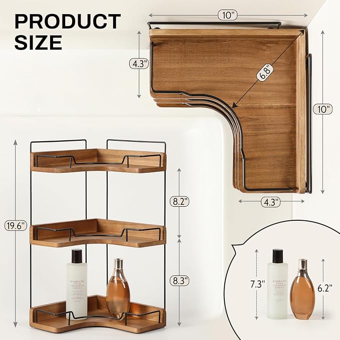 3-Tier Bathroom Counter Organizer, Wooden Corner Shelf - Image 2