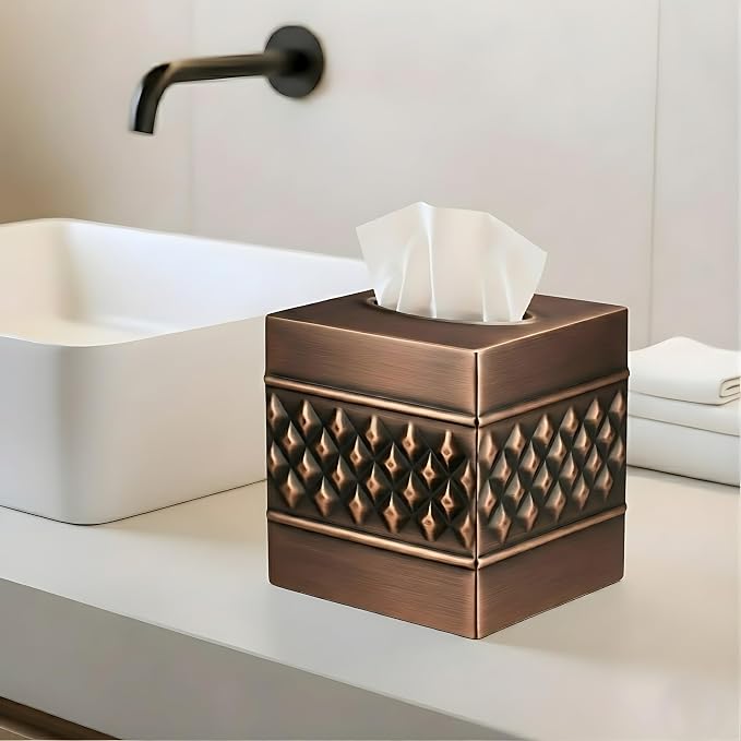 Monarch Abode Tissue Box Cover Square – Handcrafted Geo Embossed Antique Copper - Image 3