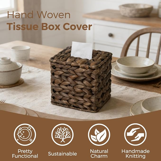 Tissue Box Cover, Square Wicker Tissue Box Holder Facial Tissues Boxes - Image 2