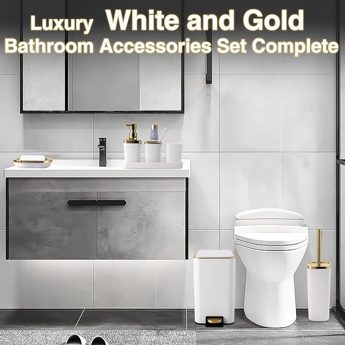 White Bathroom Accessories Set 8 Piece White and Gold Bathroom Set, Bathroom - Image 5