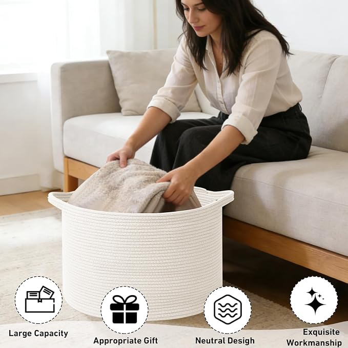 115L Large Blanket Basket, 23.6" L x 23.6" W x 15.7" H Rope Woven Baskets - Image 4