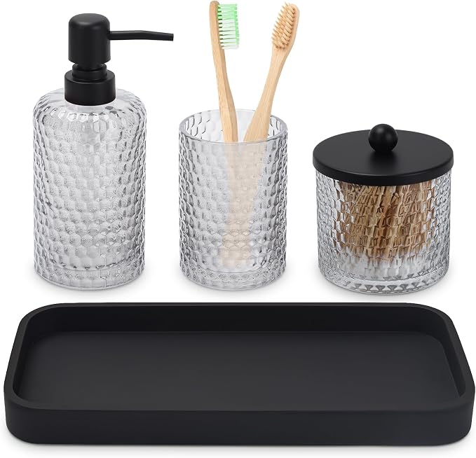 Bathroom Accessory Set, Toothbrush Holder, Qtip Holder Dispenser & Resin Vanity by Deobath
