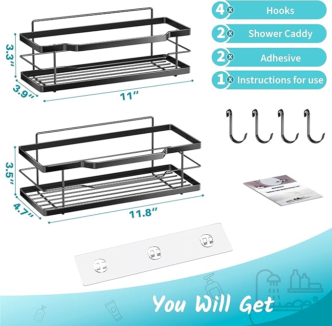 Moforoco Extra Large Shower Caddy Shelf Organizer Rack, Self Adhesive Black - Image 3