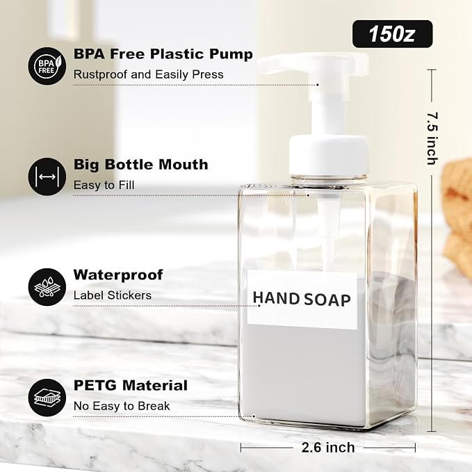 Foaming Soap Dispenser for Bathroom & Kitchen 15 Oz, Refillable Foam Hand Soap - Image 2