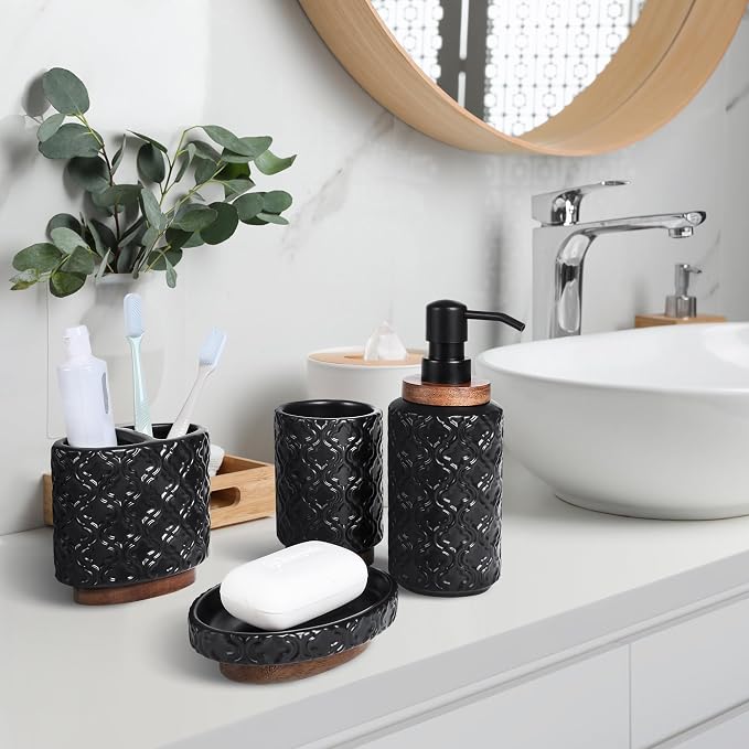 Elegant Bathroom Accessories Set 4 PCS Ceramic and Wood Bathroom Accessory Set - Image 4