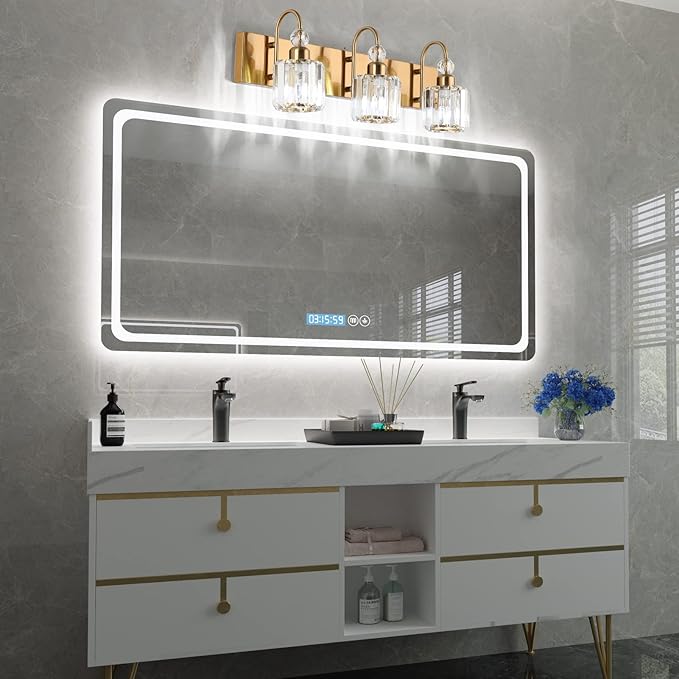 Ralbay Brass Gold Bathroom Vanity Lights 3-Lights Brass Gold Crystal Vanity - Image 4