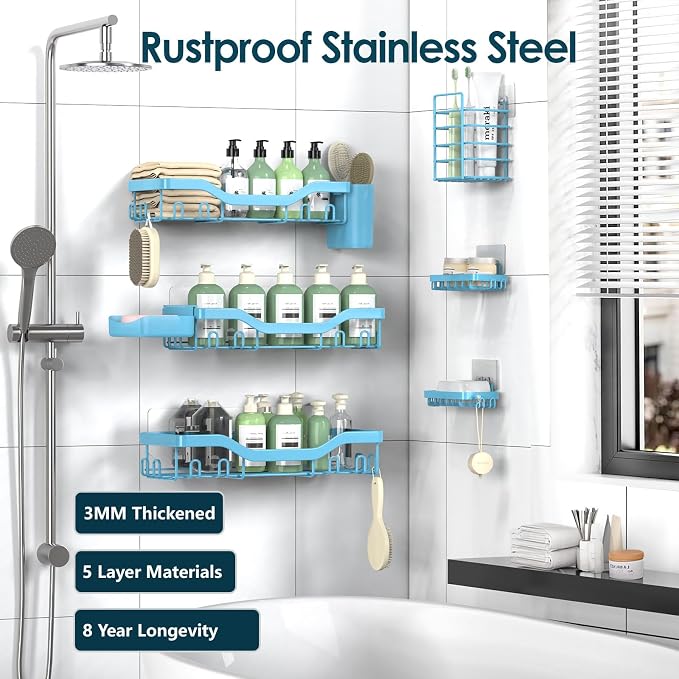 Shower Caddy Adhesive Shower Organizer 8-Pack, Rustproof Stainless Steel - Image 5