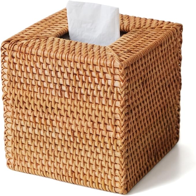 Natural Rattan Tissue Box Cover, Hand Woven Square Wicker Holder by S310