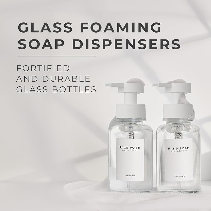 MaisoNovo Glass Foaming Soap Dispenser 14 Oz | Clear Glass White Plastic Pumps - Image 2