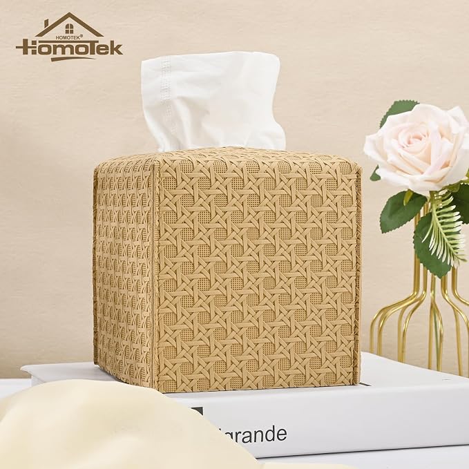 HOMOTEK 2 Pack Tissue Box Cover, Square PU Leather Tissue Holder, Decorative - Image 3