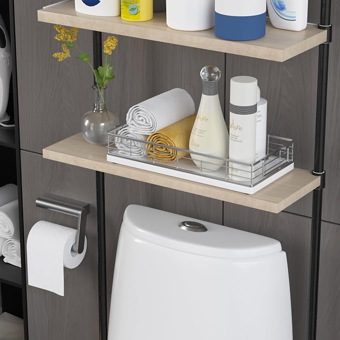 Toilet Paper Basket, 13 Inch Oak and Iron Bathroom Tank Tray Top of Toilet - Image 3