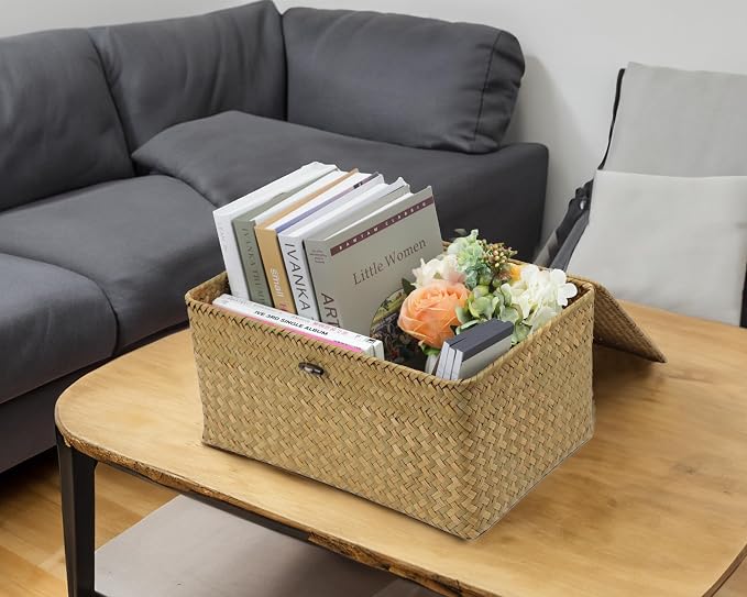 Wicker Basket with Lid, Natural Seagrass Storage Baskets - Image 2