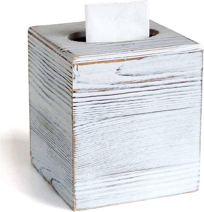 Wood Tissue Box Cover Square, Rustic White Tissue Box Cover, Decorative Cube by KALEKAIL