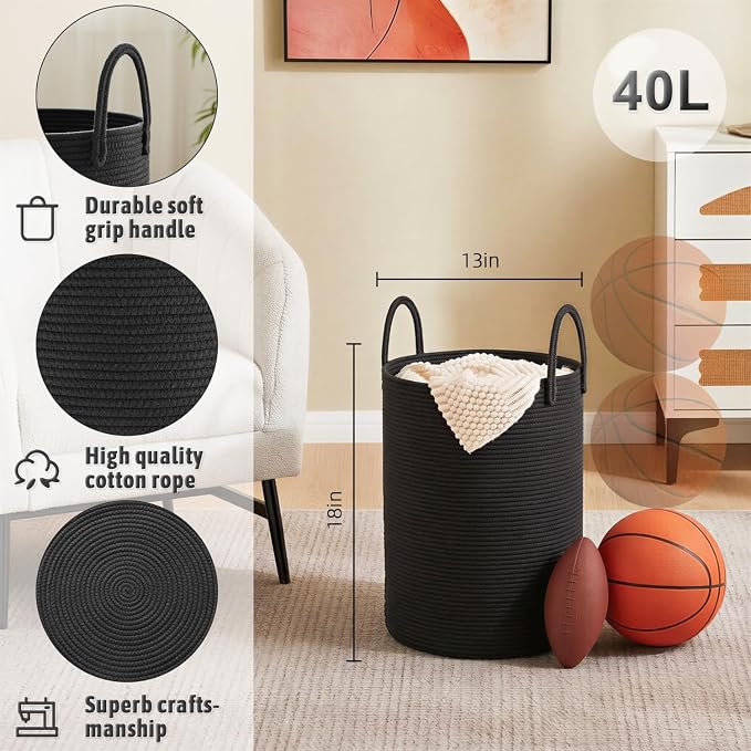 Laundry Basket, Woven Cotton Rope Laundry Hamper, 40L - Image 6