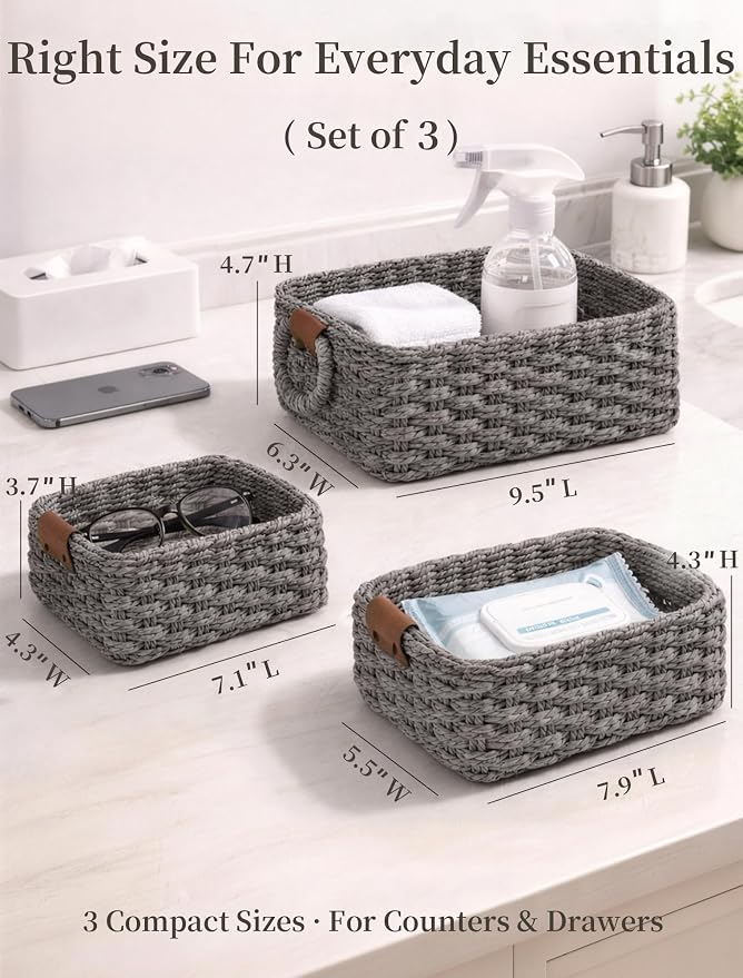 Storage Basket, Recycled Paper Rope Bathroom Basket Organizer, Mini wicker - Image 2