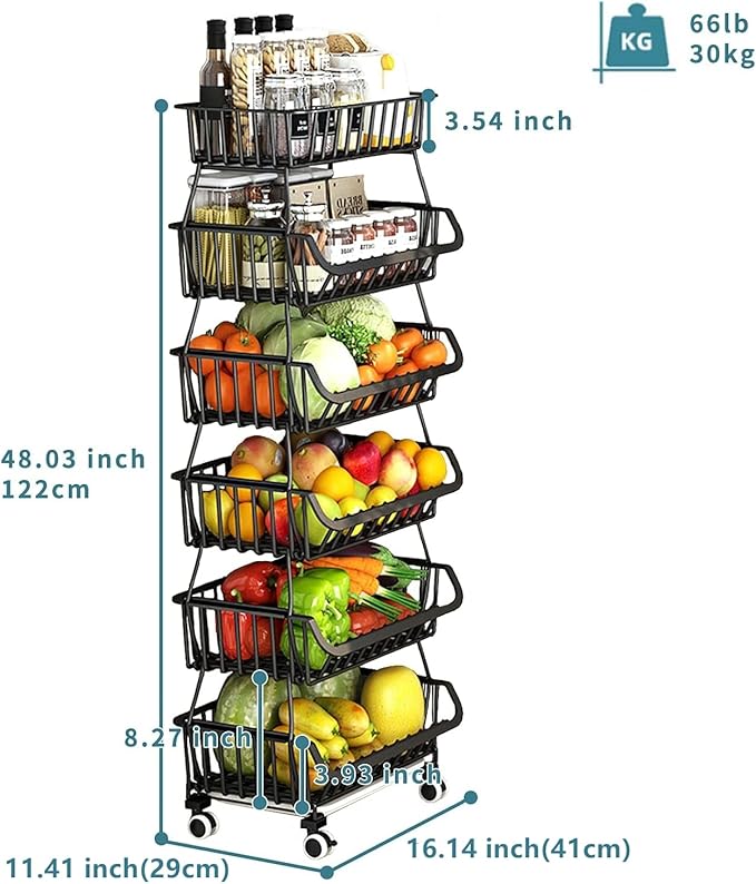 Metal Wire Baskets with Wheels, Stackable Storage Bins Kitchen Organizer Shelf - Image 2