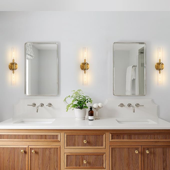 Wall Sconces Set of Two Brushed Brass Gold Sconces Lighting - Image 6