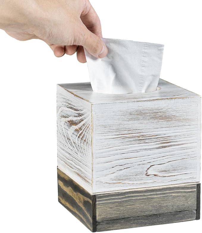 MyGift Coastal Chic Square Tissue Box Cover, Two-Tone Whitewashed Solid Wood - Image 5