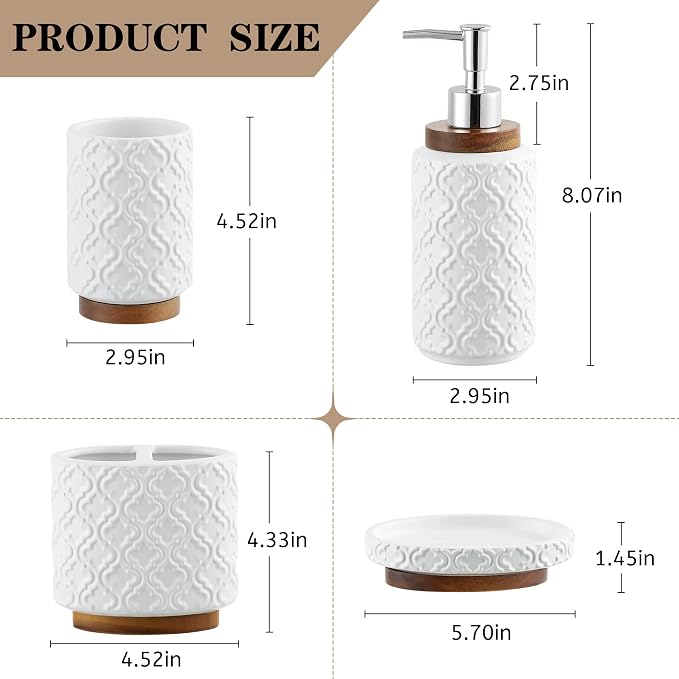 Elegant Bathroom Accessories Set 4 PCS Ceramic and Wood Bathroom Accessory Set - Image 3