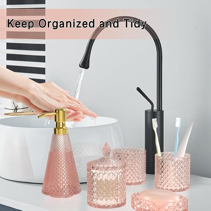Pink Glass Bathroom Accessories Set 5 Pcs, Soap Dispenser and Toothbrush Holder - Image 3