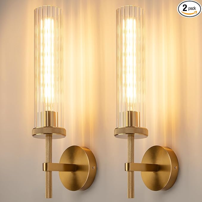 19.5" Knurled Gold Hardwired Wall Sconces Set of 2, Bathroom Vanity Light by LightSpeaksFuture