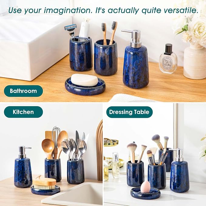 vancasso Blue Bathroom Accessories Set, Ceramic Soap Dispenser and Toothbrush - Image 5