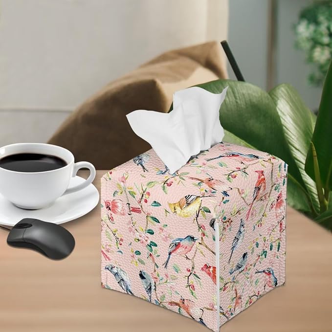 Bird Flowers Tissue Box Holder, PU Leather Square Napkin Cover - Image 4