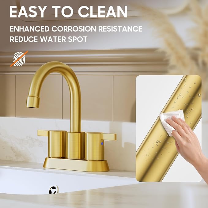 Brushed Gold 4 Inch 2 Handle Centerset Lead-Free Bathroom Faucet, Swivel Spout - Image 5