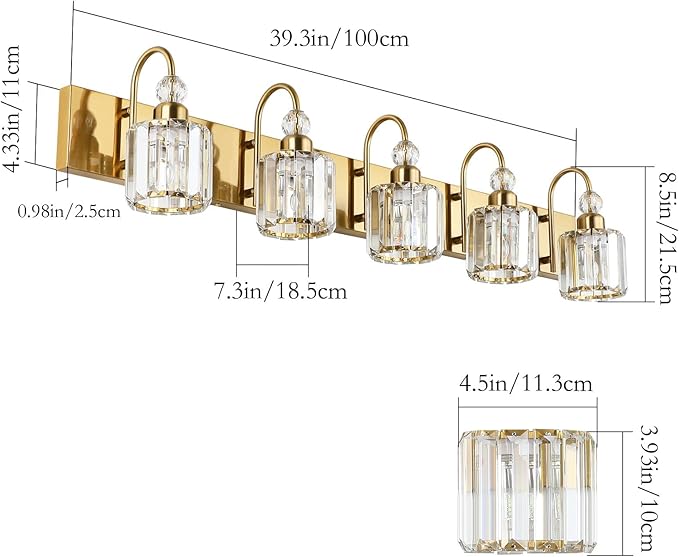 Ralbay Crystal Vanity Lights 5-Lights Brass Gold Over Mirror Modern Bathroom - Image 5