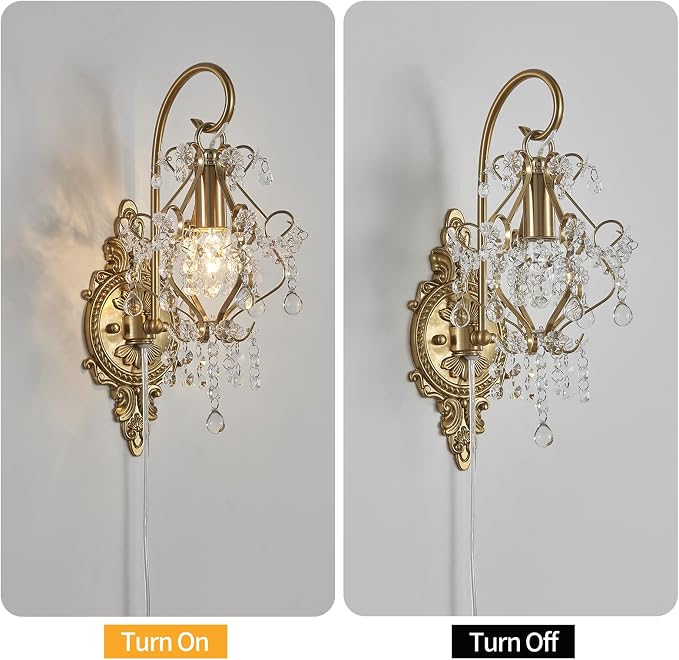 Gold Crystal Vintage Plug in Wall Sconces Set of 2 Indoor Wall Light Fixture - Image 4