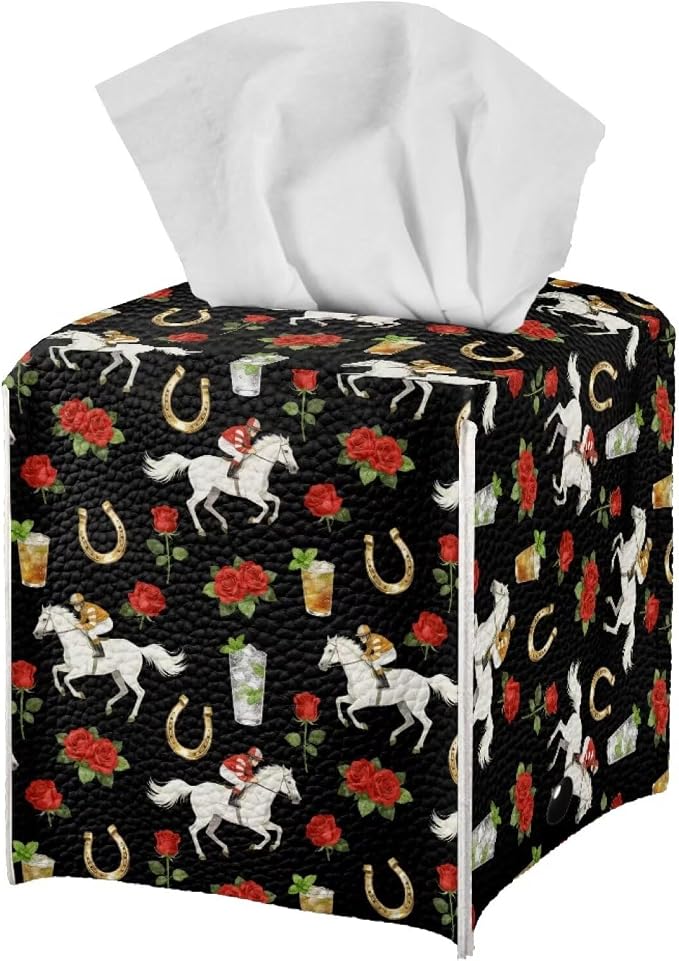 Rose Racing Horse Decorative Tissue Box Cover, Waterproof PU Leather Square - Image 2