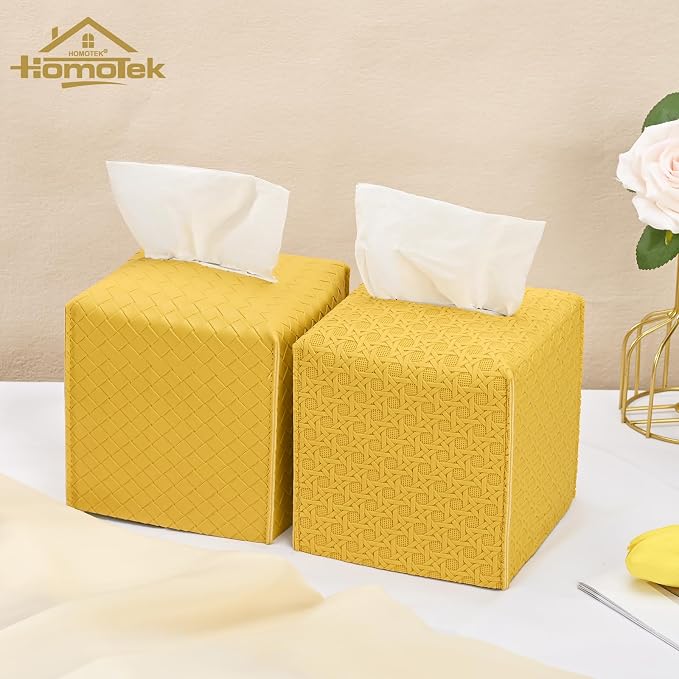 HOMOTEK 2 Pack Tissue Box Cover, Square PU Leather Tissue Holder, Decorative - Image 6