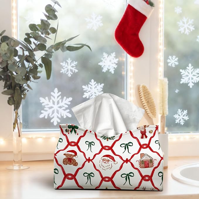 Christmas Tissue Box Cover Rectangle, Santa Bows Winter PU Leather Tissue - Image 2