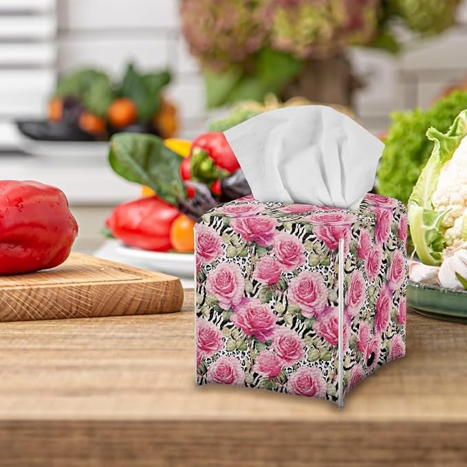 Rose Leopard Decorative Tissue Box Cover, Waterproof PU Leather Square Holder - Image 5
