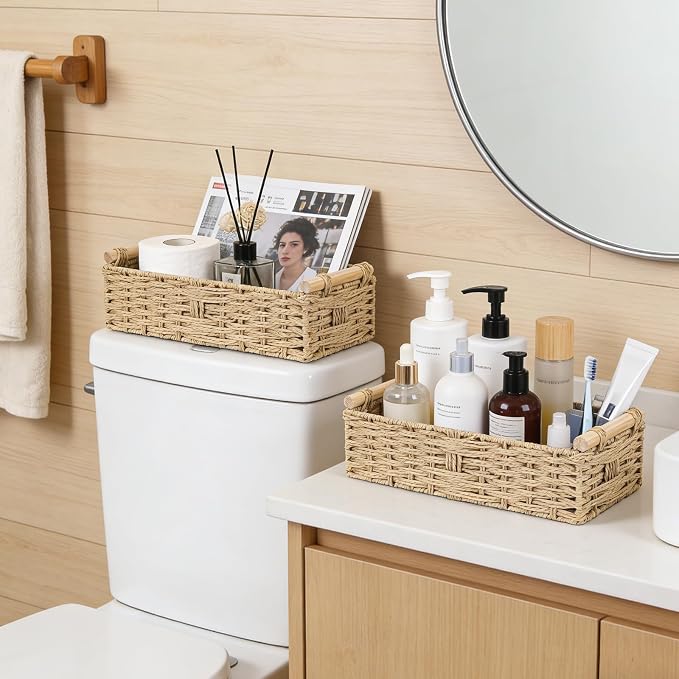 2 PCS Toilet Paper Storage Basket, Paper Rope Imitation Wicker Bathroom Baskets - Image 2