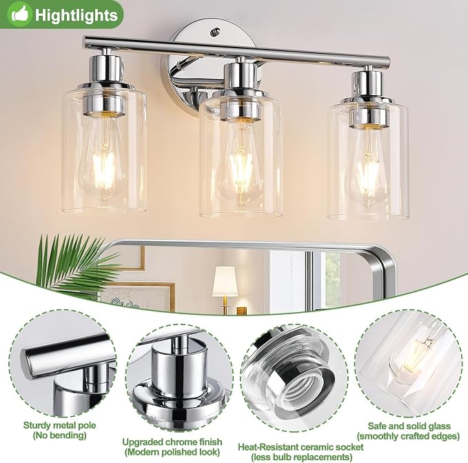 3-Light Bathroom Light Fixtures, Chrome Bathroom Wall Light - Image 4