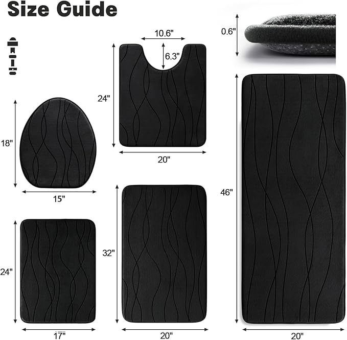 YIHOUSE Memory Foam Black Bathroom Rug Sets 5 Piece, Ultra Absorbent Bath Mat - Image 2