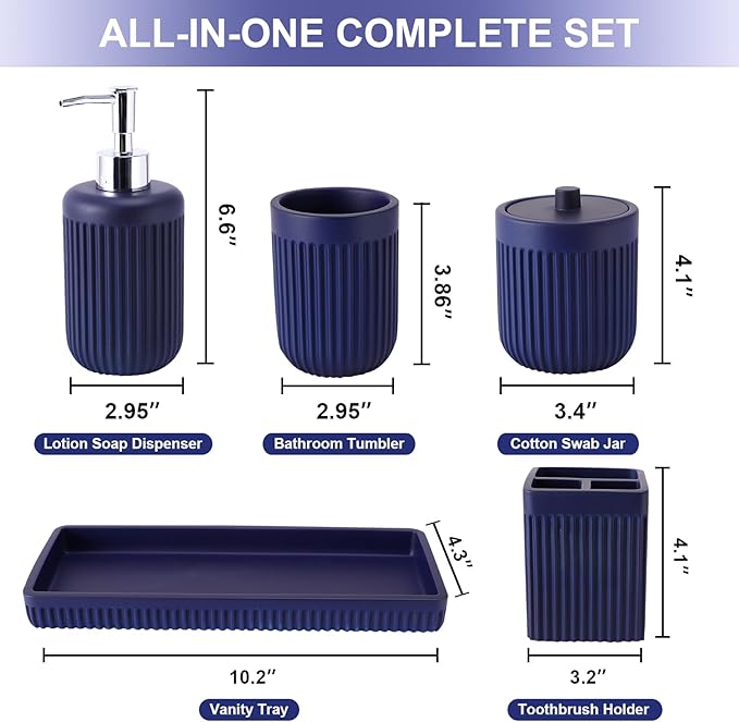 Resin Navy Blue Bathroom Accessories Set 5 Pcs, Lotion Soap Dispenser, - Image 2