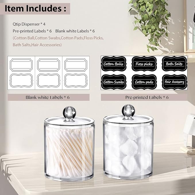 SheeChung 4-Pack Clear Acrylic Apothecary Jars - 12oz & 10oz Qtip Holder Set - - Image 2