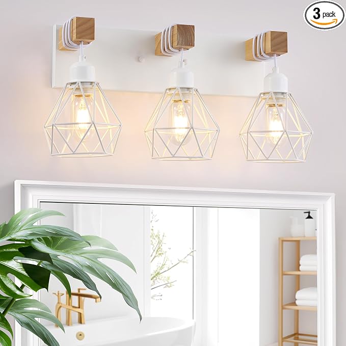 White Bathroom Vanity Light Fixtures, 3-Light Wood Bathroom Light Fixtures Over by MAESTA