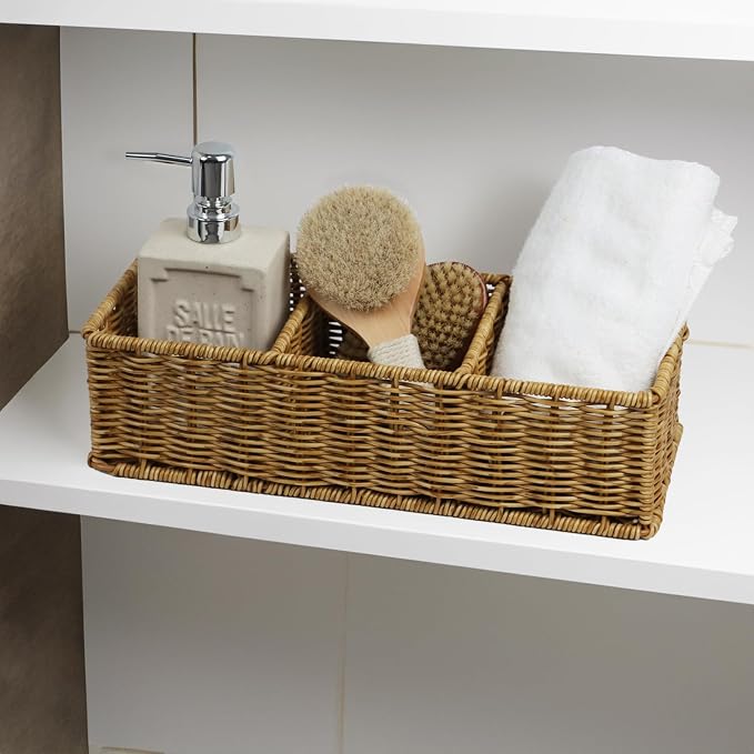 Waterproof Wicker Basket With 3 Compartments, Hand Woven Bathroom Counter - Image 5