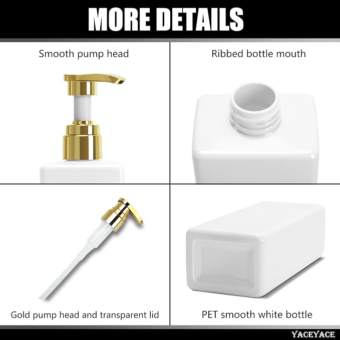 White With Gold Pump Shampoo Bottles Set of 3, 500ml Refillable Shower Dispenser - Image 4