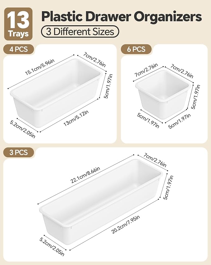 13 Pack Plastic Drawer Organizers Set, 3 Sizes Desk Drawer Organizer Trays - Image 2