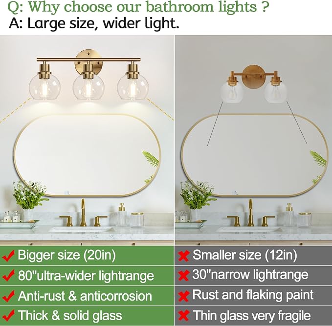 3-Light Bathroom Light Fixtures, Brushed Brass Bathroom Lights Over Mirror - Image 2