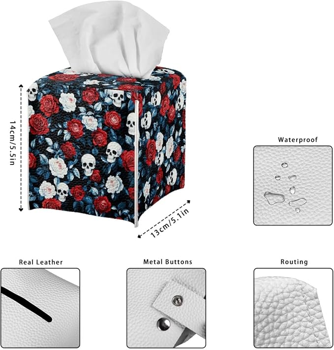 Red Rose Skull Modern Tissue Box Holder, Waterproof Square PU Leather Napkin - Image 7