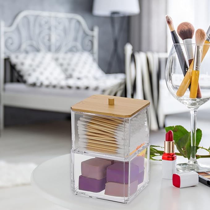 Hipiwe Clear Q-tip Dispenser Holder Acrylic Bathroom Containers 2-Tier Square - Image 3