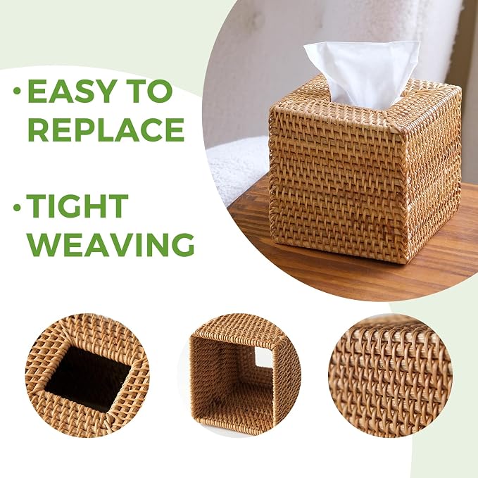 Natural Rattan Tissue Box Cover, Hand Woven Square Wicker Holder - Image 7